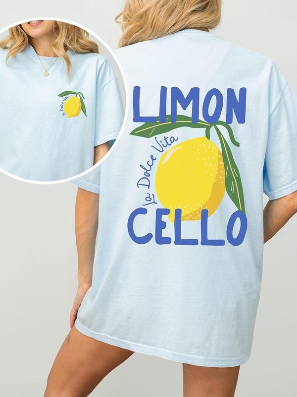 Women's Lemon & Letter Print Round Neck Tee, Casual Short Sleeve Crew Neck T-Shirt for Summer, Fashion Women's Top for...
