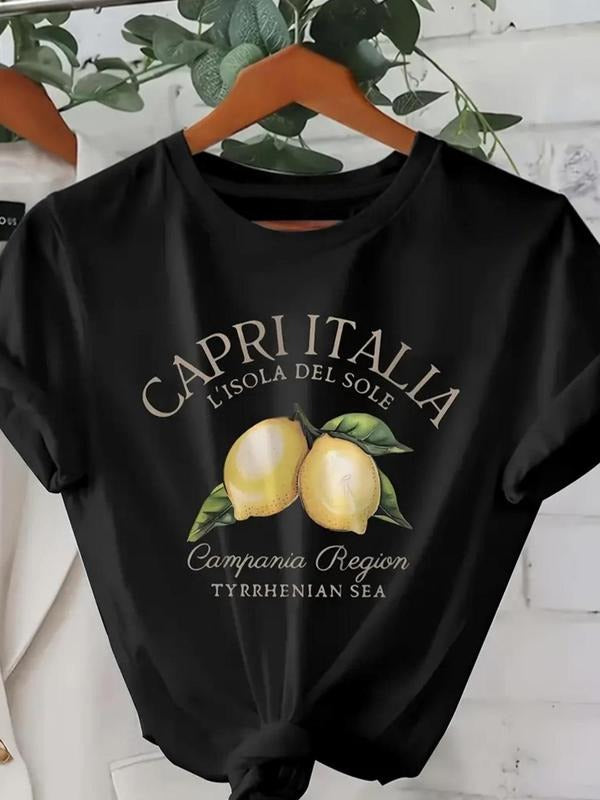 Women's Lemon & Letter Print Round Neck Tee, Casual Short Sleeve Crew Neck T-shirt for Summer, Fashion Women's Top for...