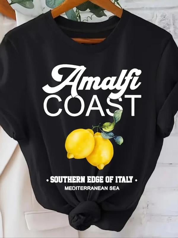 Women's Lemon & Letter Print Round Neck Tee, Casual Short Sleeve Crew Neck T-shirt for Summer, Fashion Women's Top for...