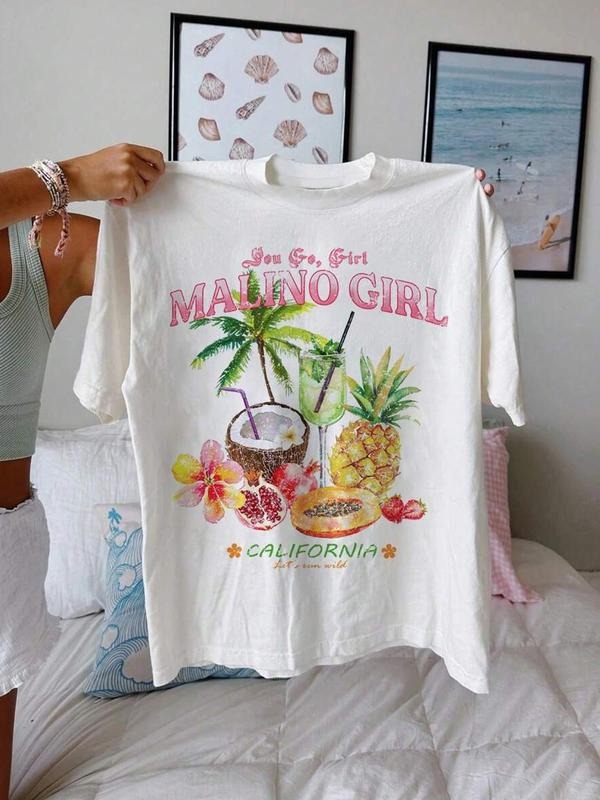 Women's Lemon & Letter Print Round Neck Tee, Casual Short Sleeve Crew Neck T-shirt for Summer, Fashion Women's Top for...
