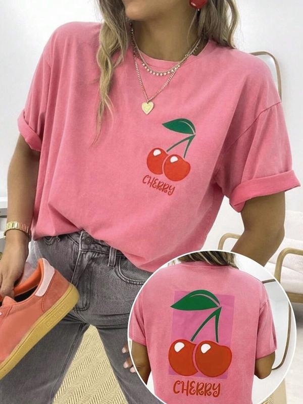 Women's Lemon & Letter Print Round Neck Tee, Casual Short Sleeve Crew Neck T-shirt for Summer, Fashion Women's Top for...