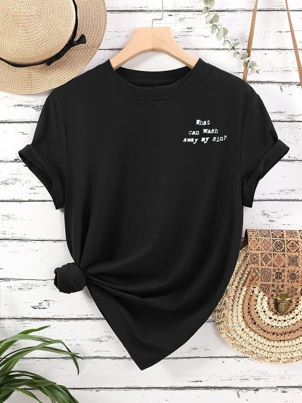 Women's Lemon & Letter Print Round Neck Tee, Casual Short Sleeve Crew Neck T-shirt for Summer, Fashion Women's Top for...