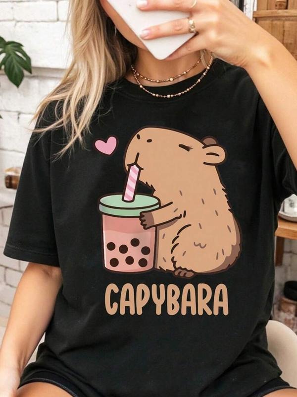 Women's Lemon & Letter Print Round Neck Tee, Casual Short Sleeve Crew Neck T-shirt for Summer, Fashion Women's Top for...