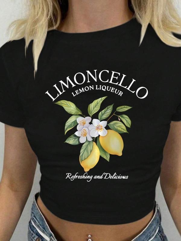 Women's Lemon & Letter Print Round Neck Tee, Vintage Trendy Casual Short Sleeve T-shirt for Daily Wear, Ladies Summer...