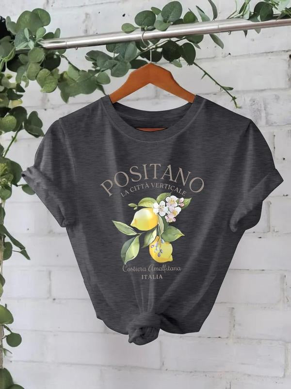 Women's Lemon Blossom Print Round Neck Tee, Casual Short Sleeve Crew Neck T-Shirt for Summer, Fashion Women's Top for...