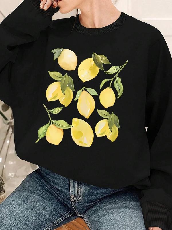 Women's Lemon Print Drop Shoulder Sweatshirt, Casual Long Sleeve Round Neck Pullover for Fall & Winter, Women's Clothes...