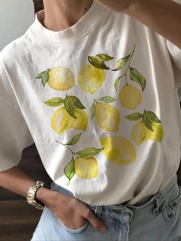 Women's Lemon Print Drop Shoulder Tee, Casual Half Sleeve Round Neck T-shirt for Summer, Women's Top for Daily Wear...