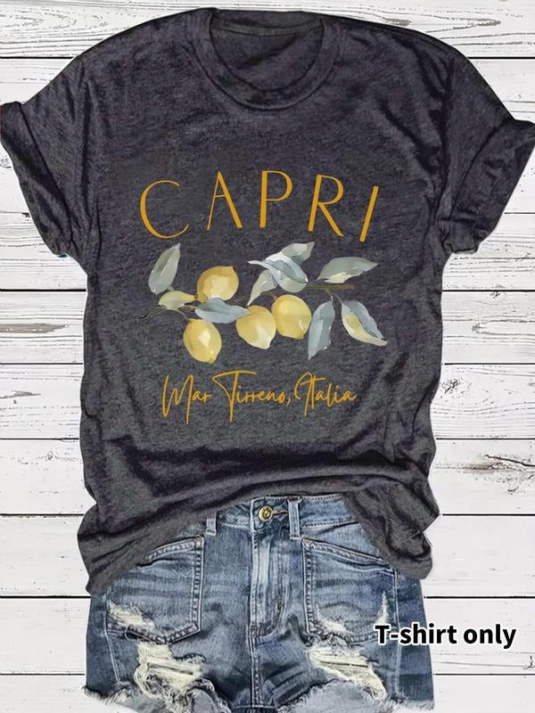 Women's Lemon Print Round Neck Tee, Casual Short Sleeve Crew Neck T-Shirt for Summer, Fashion Women's Top for Daily Wear...