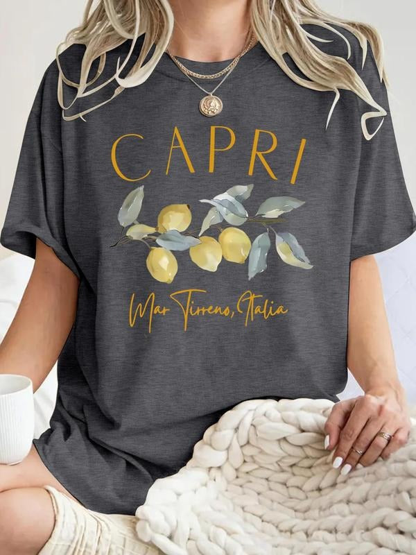 Women's Lemon Print Round Neck Tee, Casual Short Sleeve Crew Neck T-Shirt for Summer, Fashion Women's Top for Daily Wear...