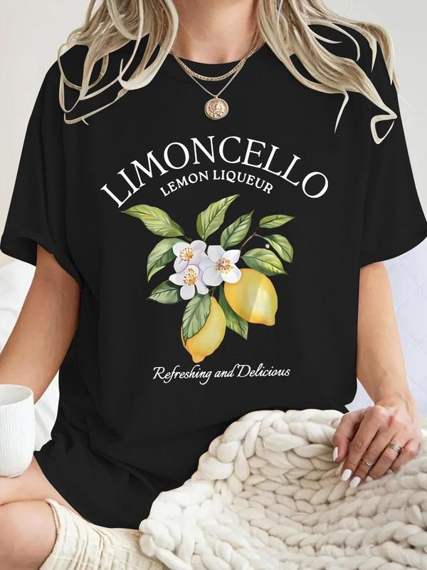 Women's Lemon Print Round Neck Tee, Casual Short Sleeve Crew Neck T-Shirt for Summer, Fashion Women's Top for Daily Wear...