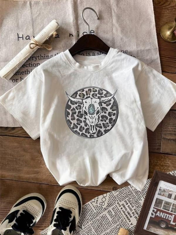 Women's Leopard & Bull Head Print Round Neck Tee, Casual Short Sleeve Crew Neck T-Shirt, Women's Top for Daily Wear...