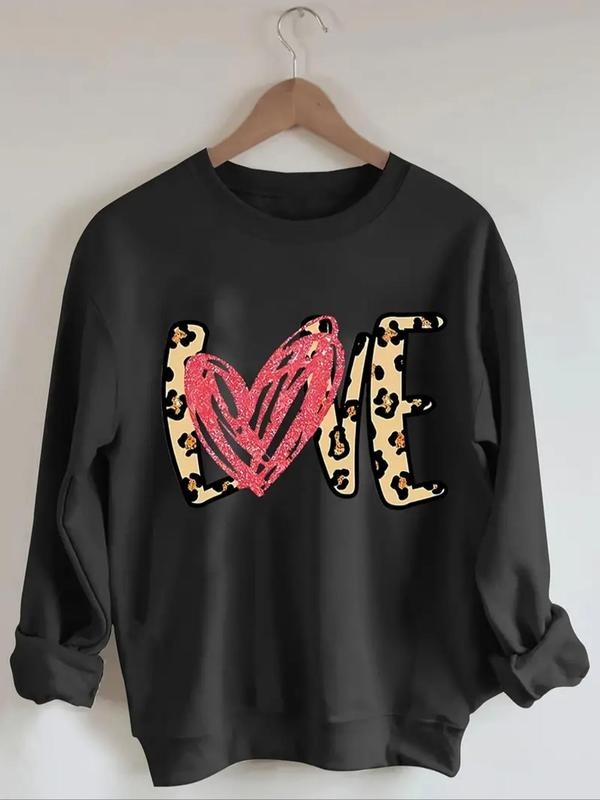 Women's Leopard & Heart Print Drop Shoulder Pullover, Fashion Casual Crew Neck Sweatshirt for Daily Holiday Outdoor Wear,...