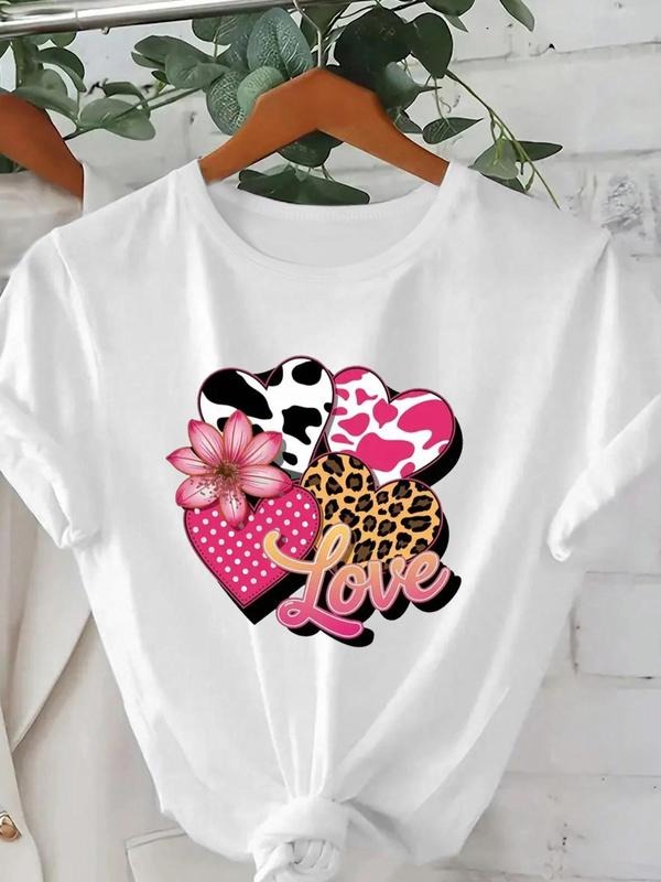 Women's Leopard & Heart Print Round Neck Tee, Casual Short Sleeve T-Shirt for Summer, Ladies Clothes for Daily Wear...