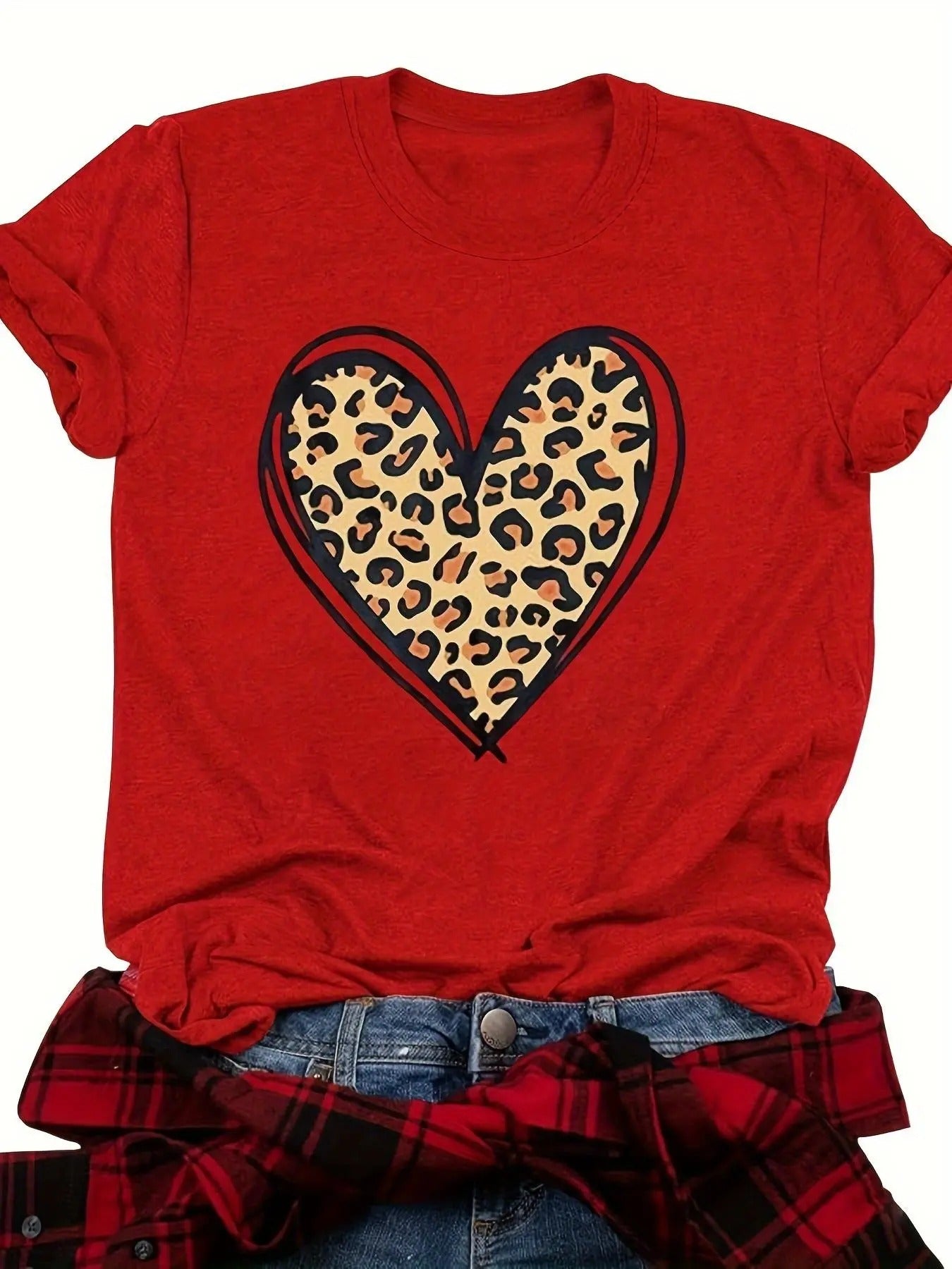 Women's Leopard & Heart Print Tee, Casual Short Sleeve Round Neck T-shirt for Summer, Women's Top for Daily Wear Hoodie,...
