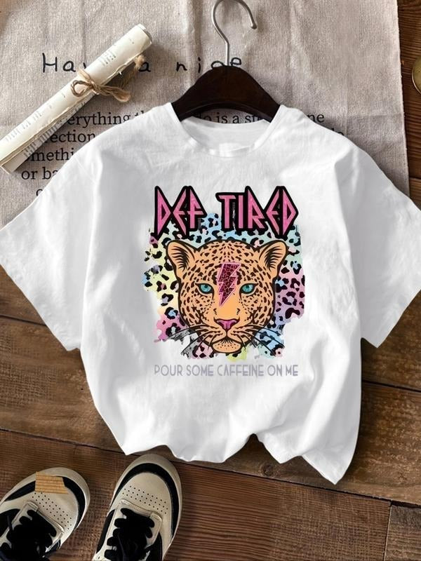 Women's Leopard & Letter Print Drop Shoulder Tee, Fashion Casual Crew Neck T-Shirt for Daily Holiday Vacation Outdoor...