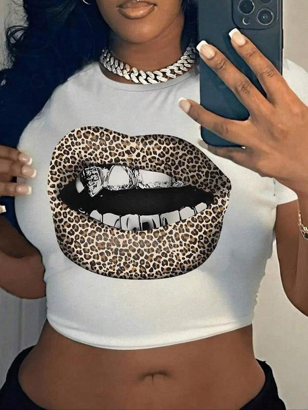 Women's Leopard & Lip Print Round Neck Crop Tee, Street Fashion Casual Short Sleeve T-Shirt for Daily Holiday Vacation...