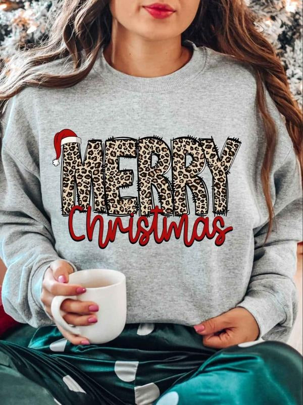Women's Leopard "MERRY Christmas" Sweatshirt - Heather Gray Crew Neck Casual Christmas Graphic Pullover T-Shirts, Hoodie