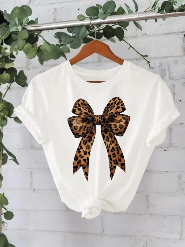 Women's Leopard Bow Print Round Neck Tee, Casual Short Sleeve Crew Neck T-Shirt for Summer, Fashion Women's Top for Daily...