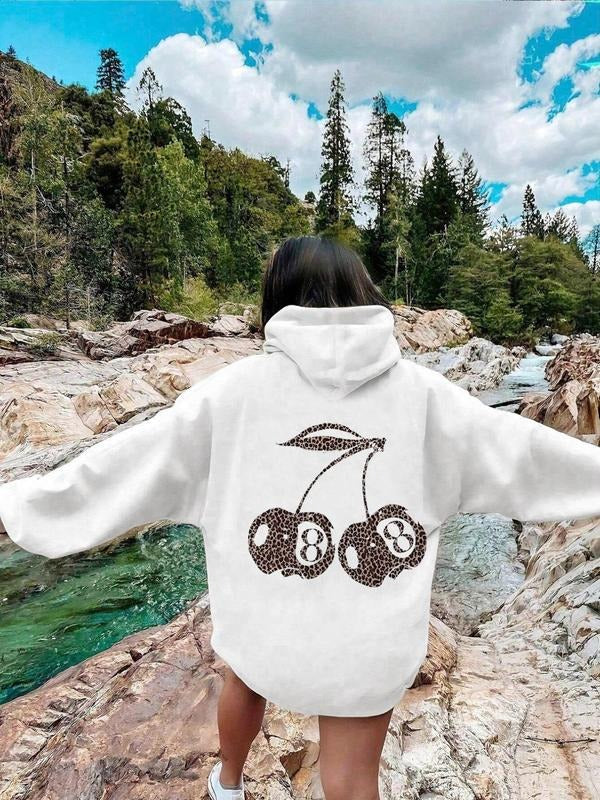 Women's Leopard Cherry & Number Print Drop Shoulder Hoodie, Fashion Casual Drawstring Pocket Hooded Sweatshirt for Daily...