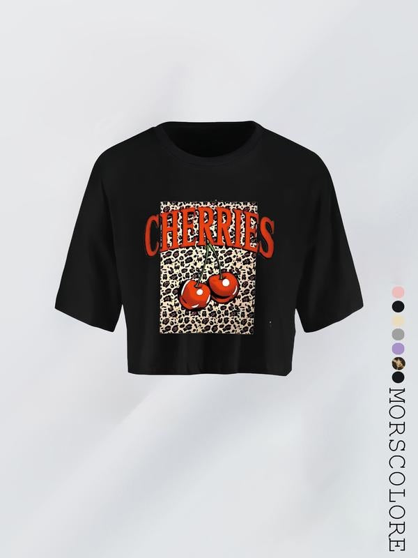 Women's Leopard Cherry Letter Print Casual T-Shirt, Loose Fit Summer Top for Daily Wear, Fitness, Running, Vacation,...
