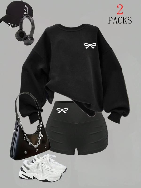 Women's Leopard Cherry Letter Print Set, Casual Fashion Shorts & Sweatshirt Combo, Winter Thick Fabric, Loose Fit, Daily...