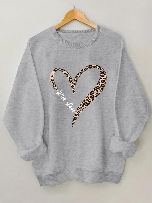Women's Leopard Heart & Letter Print Round Neck Sweatshirt, Casual Long Sleeve Crew Neck Pullover for Fall & Winter,...