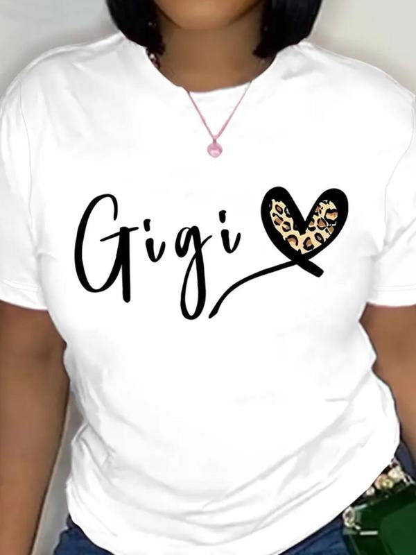 Women's Leopard Heart & Letter Print Round Neck Tee, Casual Short Sleeve Crew Neck T-Shirt for Summer, Fashion Women's...