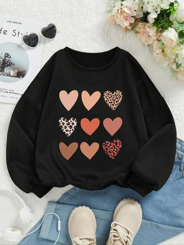 Women's Leopard Heart Print Drop Shoulder Sweatshirt, Casual Long Sleeve Round Neck Pullover for Fall & Winter, Women's...