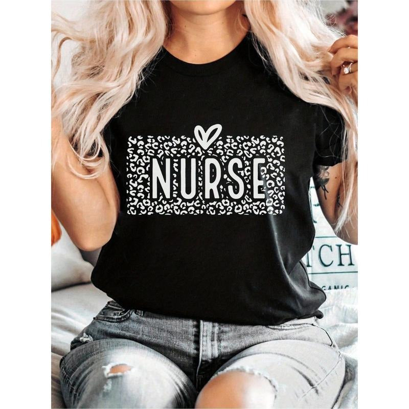 Women's Leopard Heart Print Nurse Life T-Shirt - NURSE Graphic with Floral Accents, Short Sleeve Casual Round Neck Top,...