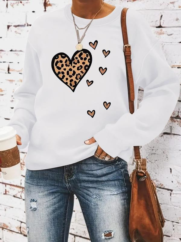 Women's Leopard Heart Print Round Neck Sweatshirt, Casual Fitted Pullover, All-Season Comfort, Easy Care Durable Fabric...
