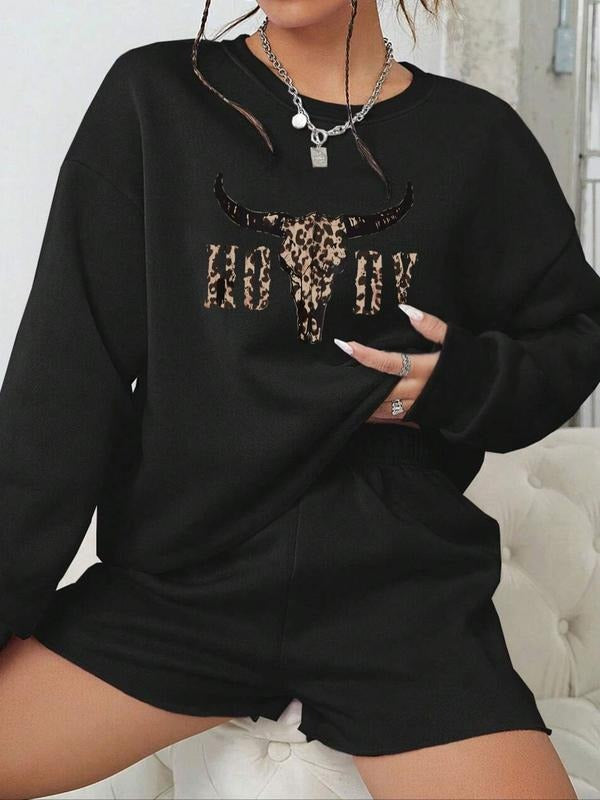 Women's Leopard Letter & Bull Head Print Drop Shoulder Sweatshirt, Fashion Casual Long Sleeve Pullover for Daily Wear,...