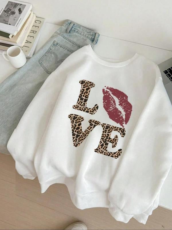 Women's Leopard Letter & Lip Print Drop Shoulder Sweatshirt, Casual Long Sleeve Round Neck Pullover for Fall & Winter,...