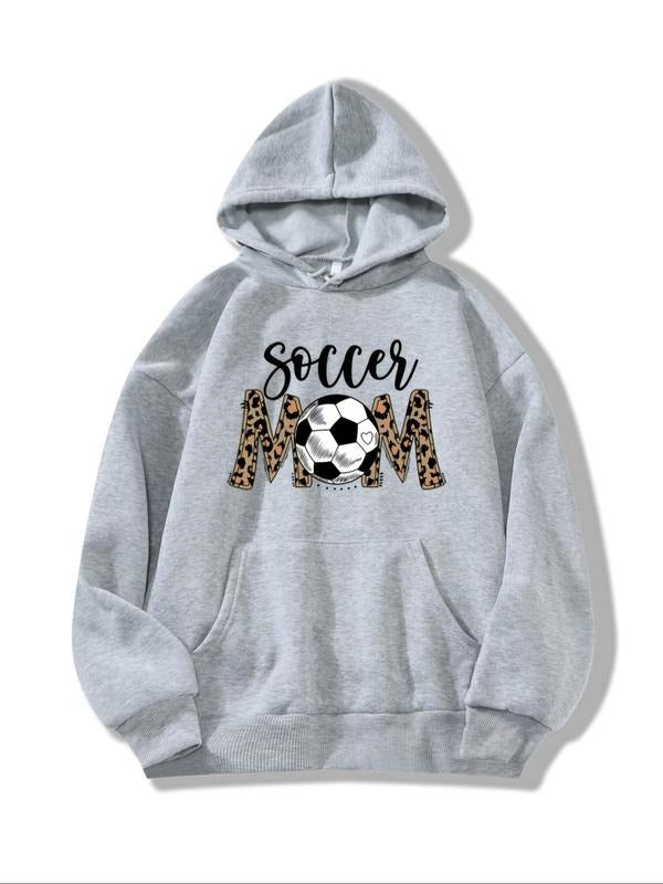 Women's Leopard Letter & Soccer Print Drop Shoulder Hoodie, Fashion Casual Drawstring Pocket Hooded Sweatshirt for Daily...
