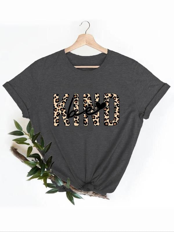 Women's Leopard Letter Print Round Neck Tee, Fashion Short Sleeve T-Shirt, Ladies All Seasons Outfit Hoodie, Sweatshirt