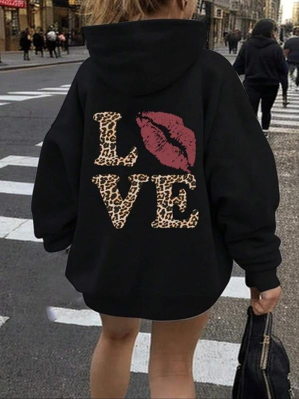 Women's Leopard Lip Print Letters Hoodie, Casual Long Sleeve Hooded Sweatshirt for Fall & Winter, Women's Clothes for...