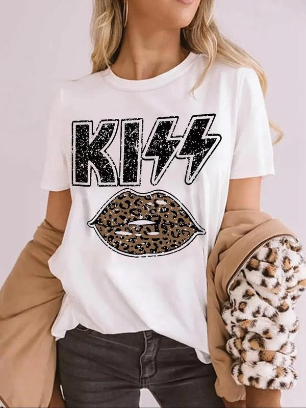 Women's Leopard Lips Graphic Print Round Neck Tee, Trendy Casual Short Sleeve T-shirt for Daily Wear, Ladies Summer...