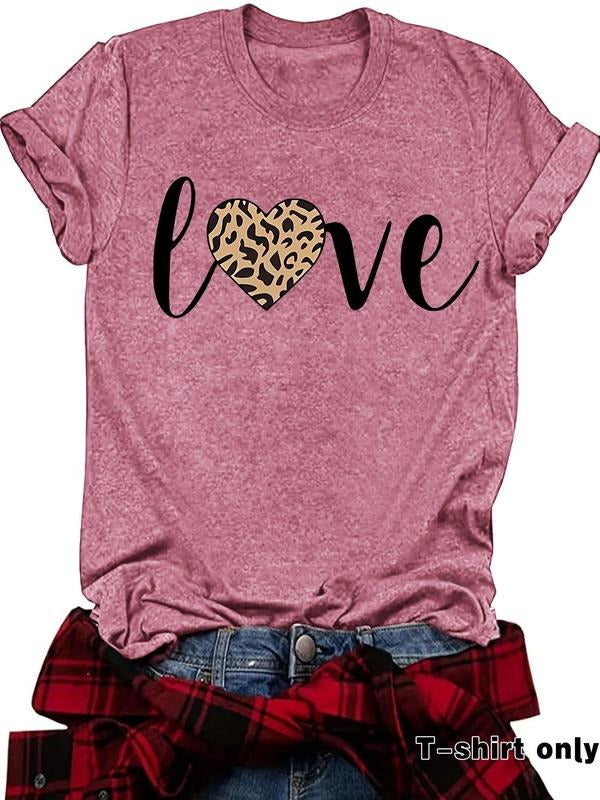 Women's Leopard Love Print Round Neck Tee, Casual Short Sleeve Crew Neck T-shirt for Summer, Fashion Women's Top for...