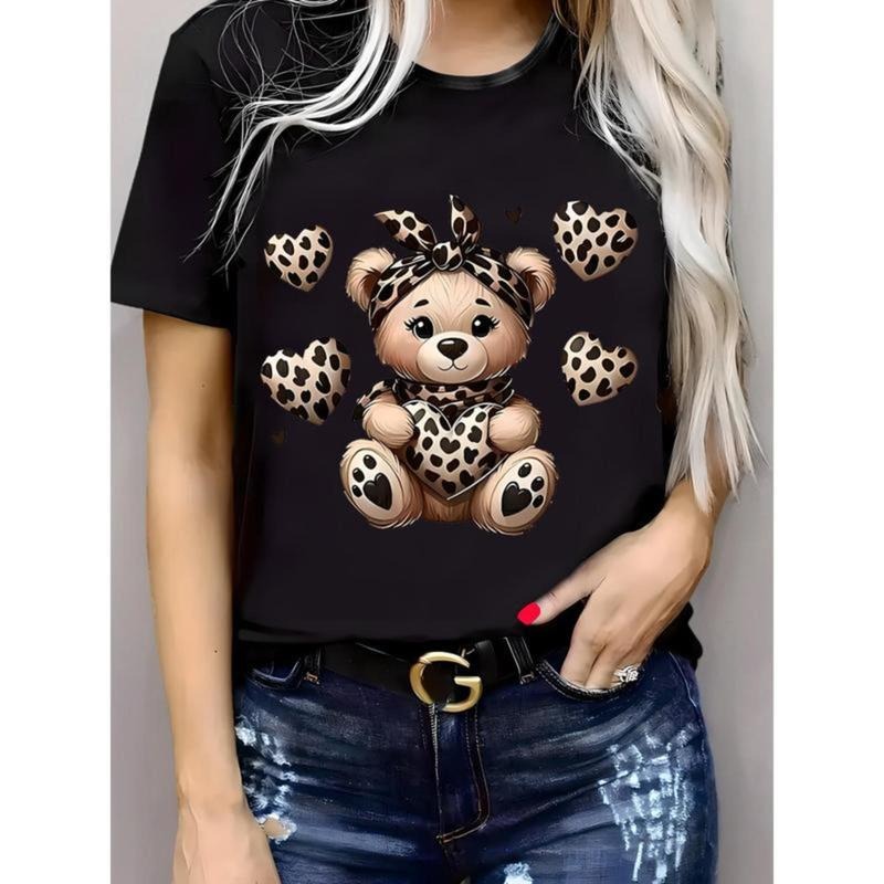 Women's Leopard Print Bear Graphic T-Shirt 100% Cotton Crew Neck Short Sleeve Casual Tee Hoodie, Sweatshirt