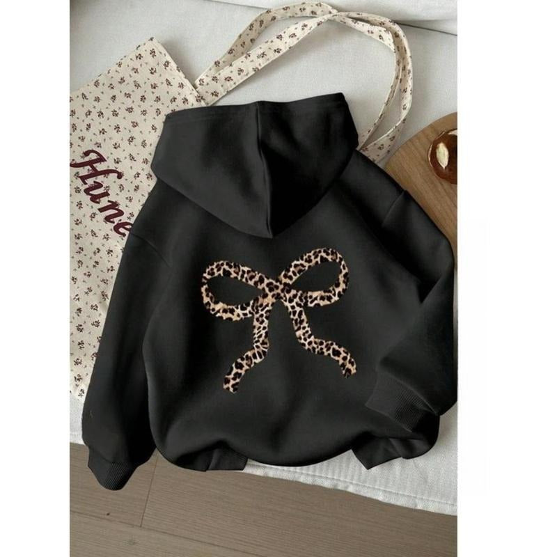 Women's Leopard Print Bow Hoodie, Casual Loose-Fit Drawstring Pocket Sweatshirt, Fall & Winter Fashion, Daily Outdoor...
