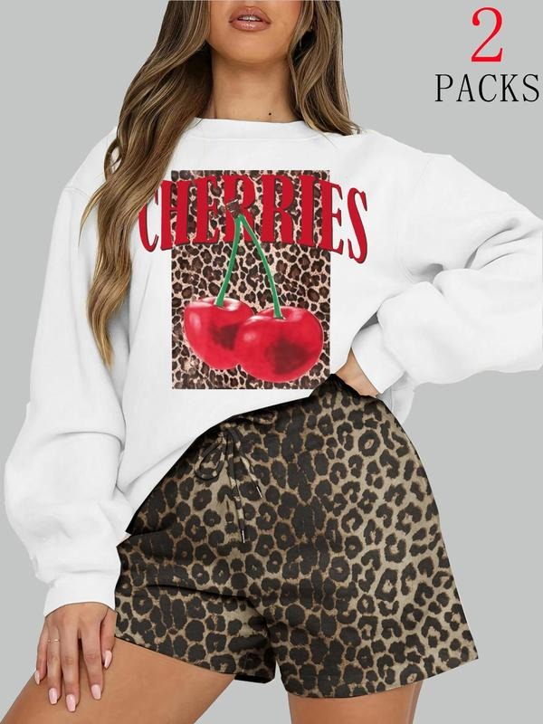 Women's Leopard Print Cherry Letter Pattern Casual Set, Fashion Shorts & Sweatshirt, Loose Fit Thick Fabric, Perfect for...