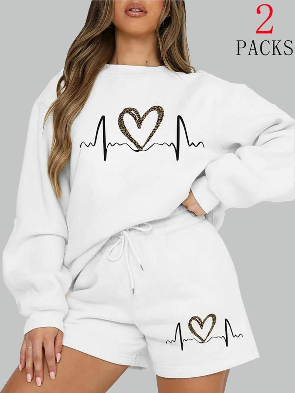 Women's Leopard Print Heart Pattern Casual Set, Fashion Shorts & Sweatshirt, Loose Fit, Winter Wear, Daily & Teen...