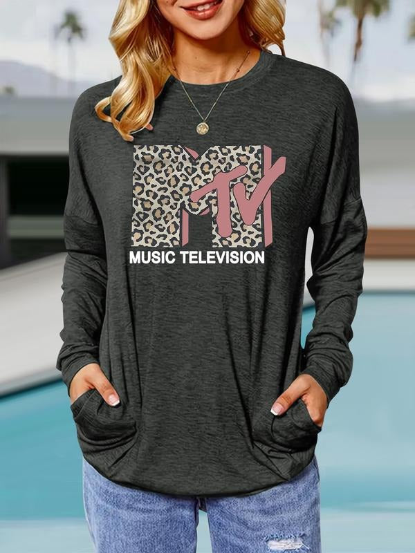 Women's Leopard Print Round Neck Long Sleeve Pullover, Casual Loose-Fit T-Shirt with Pockets, Comfortable Spring & Fall...