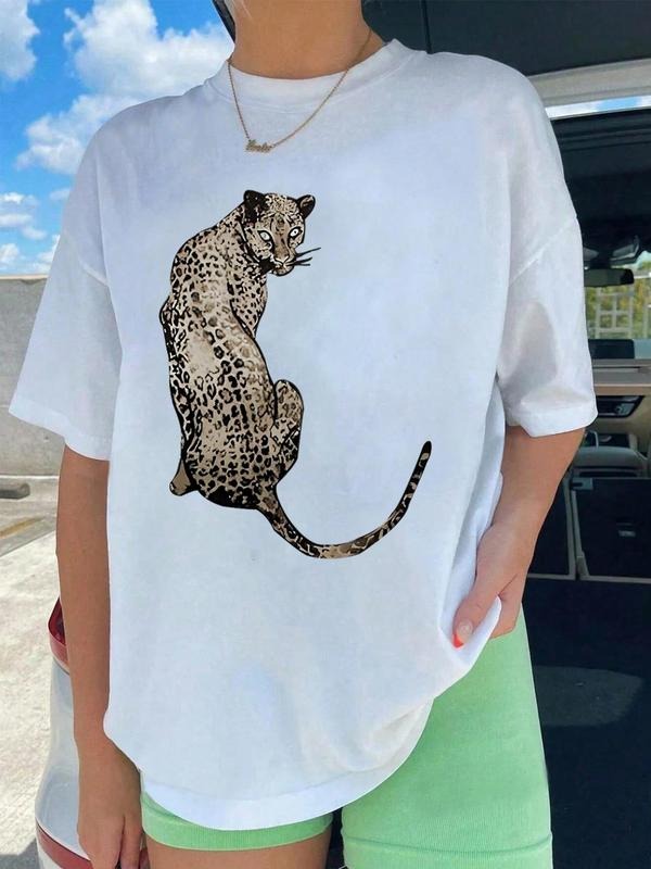 Women's Leopard Print Round Neck Tee, Casual Short Sleeve Crew Neck T-shirt for Summer, Fashion Women's Top for Daily...