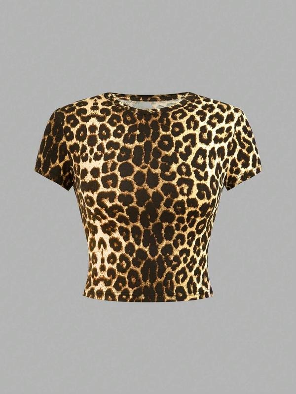 Women's Leopard Print Round Neck Tee, Fashion Casual Crew Neck T-shirt for Daily Holiday Vacation Outdoor Wear, Women...