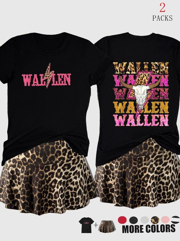 Women's Leopard Print Short Sleeve T-Shirt + Pleated Skirt Set, Casual Loose Fit, Comfortable Fall & Winter Hoodie,...