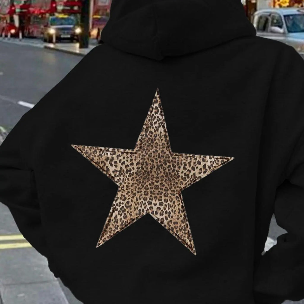 Women's Leopard Star Print Drop Shoulder Hoodie, Fashion Casual Drawstring Pocket Hooded Sweatshirt for Daily Holiday...