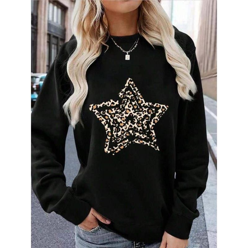 Women's Leopard Star Print Drop Shoulder Sweatshirt, Casual Long Sleeve Round Neck Pullover for Fall & Winter, Ladies...