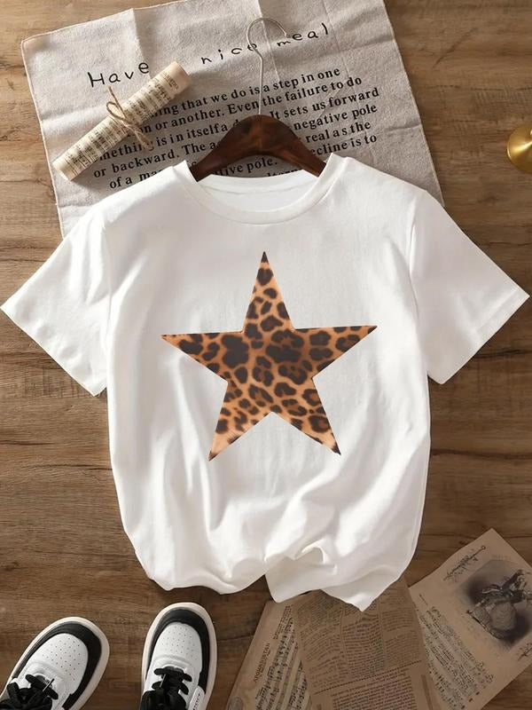 Women's Leopard Star Print Round Neck Tee, Fashion Casual Crew Neck T-Shirt for Daily Holiday Vacation Outdoor Wear,...