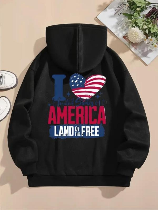 Women's Letter & American Flag Print Drop Shoulder Hoodie, Fashion Casual Drawstring Pocket Hooded Sweatshirt for Daily...