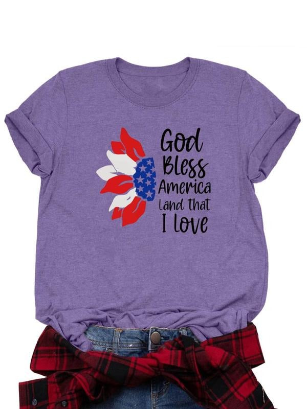 Women's Letter & American Flag Print Round Neck Tee, Casual Graphic Short Sleeve T-Shirt for Daily Wear, Ladies Clothes...